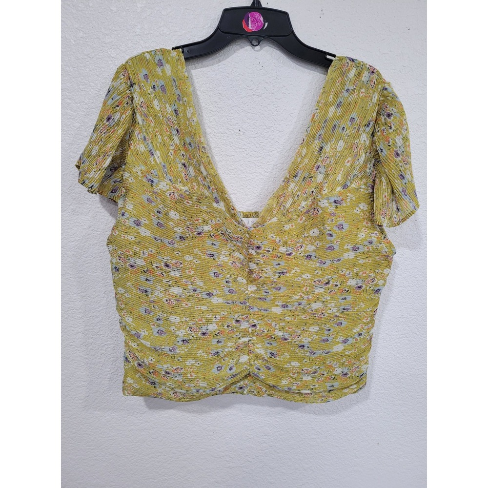 ASTR The Label Lime Yellow Floral Smocked Plunge Neck Crop Top XL #C